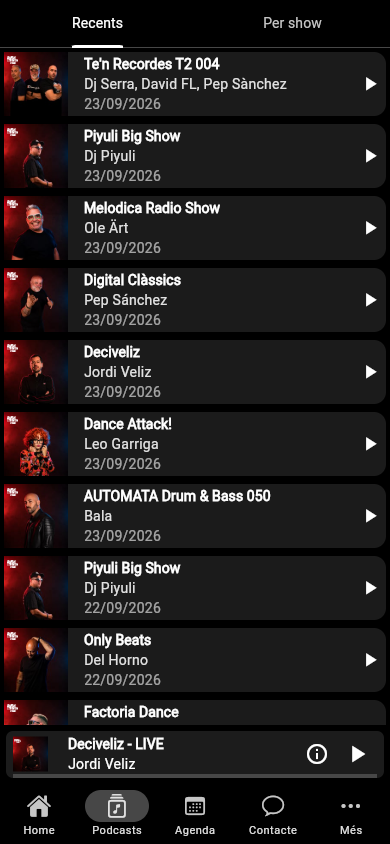 La llista de podcasts a l'app de Digital Hits
